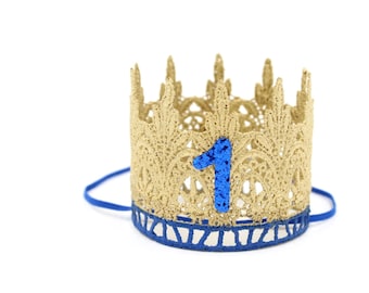 BOY first 1st birthday lace crown party hat || gold + royal blue || customize ANY AGE || Love Crush Exclusive