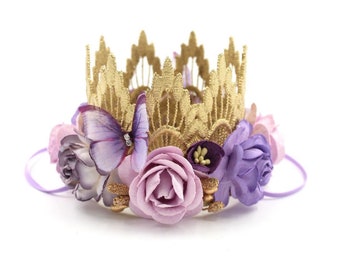 fairy first birthday crown | 1st birthday butterfly flower crown | Sienna Mini garden fairy lace crown | gold + purple | customize ANY age