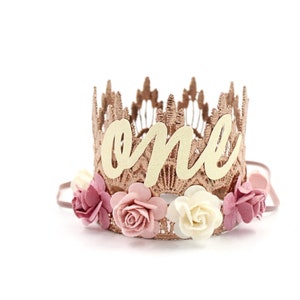 NEW first birthday lace crown cursive ONE mini Sienna rose gold lace crown with dusty pink, mauve, and ivory flowers customize ANY age image 1