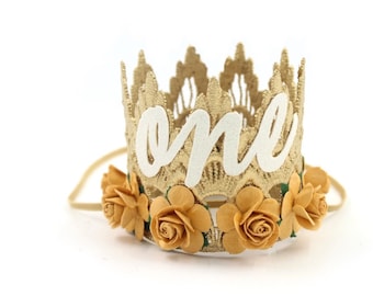 NEW birthday lace crown cursive ONE or number 1  || gold with mustard yellow roses || customize ANY age