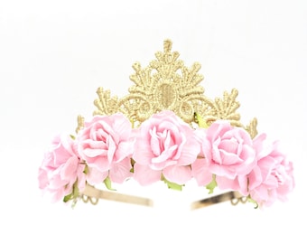 Tallulah gold lace TIARA with large pink roses || Flower girl or Bridesmaid crown || fits ALL ages