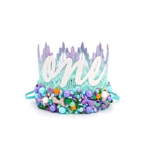 first birthday Mermaid SPRINKLES dipped MINI Sienna lace crown cursive one or number 1 ||  under the sea beach theme || customize ANY age