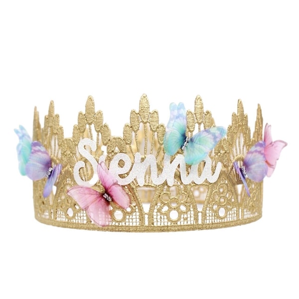 Personalized name butterfly birthday crown | Sienna Tall FULL SIZE gold lace crown | gift for kids | Love Crush Exclusive