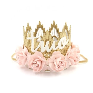 Second Birthday Flower crown  || gold with palest pink flowers lace crown headband || customize ANY age