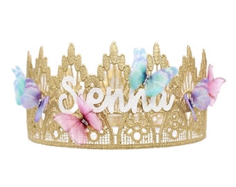 Personalized name butterfly birthday crown | Sienna Tall FULL SIZE gold lace crown | gift for kids | Love Crush Exclusive