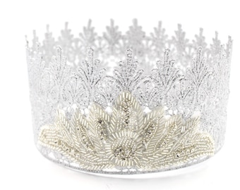 GLINDA silver lace crown with pearl + crystal embellishments FULL SIZE || Child-Adult