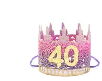 40th birthday mini lace crown party hat headband || gold + orchid ombre || Jaden crown || gift for her || customize in ANY AGE