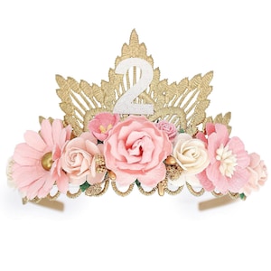 gold tiara headband with pink boho flowers and white sparkly age 2, toddler birthday crown party hat