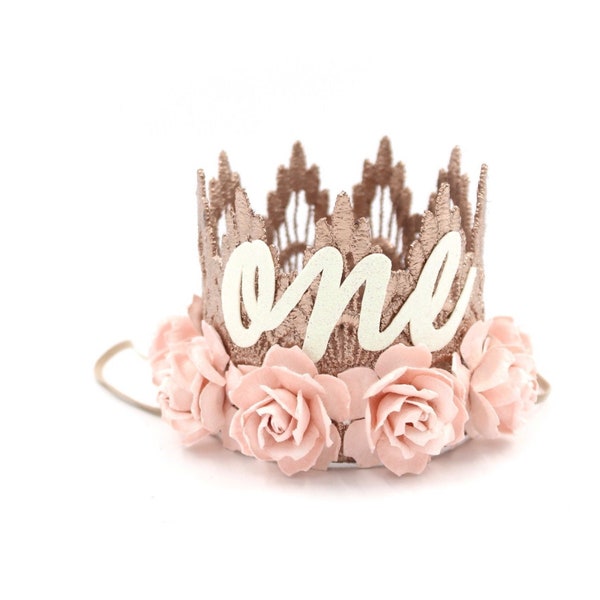 First Birthday Flower Crown | 1st Birthday Tiara | Baby Girl Outfit | Rose Gold + Palest Pink | Sienna MINI Lace Crown