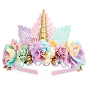 Unicorn Tiara: Pastel Rainbow Flower Crown, Gold Shell Horn