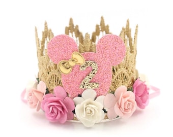 Mouse Birthday Crown | Gold Lace, Pink Floral, Custom Age