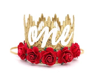 1st Birthday Flower Crown | Baby Girl Birthday Party Hat | First Birthday Tiara | Sienna MINI | gold + red roses