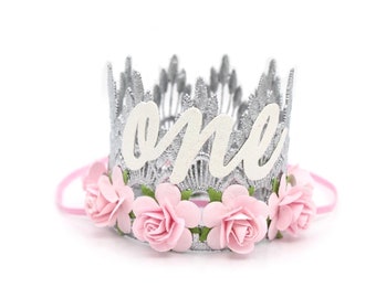 Baby Girl 1st Birthday Crown | Onederful First Birthday Party Hat Headband | Sienna Mini |  silver + baby pink | customize  ANY age