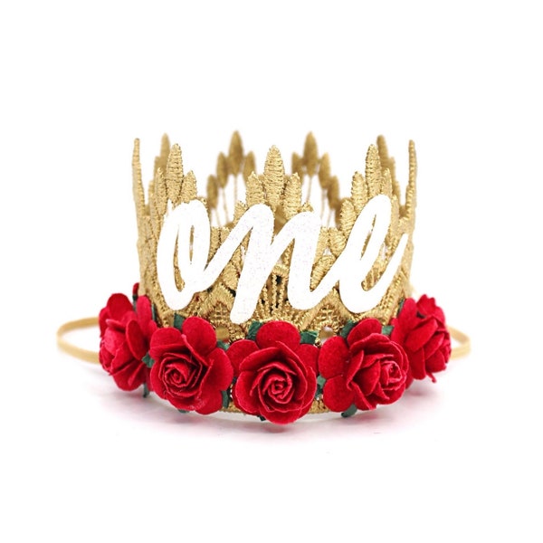 1st Birthday Flower Crown | Baby Girl Birthday Party Hat | First Birthday Tiara | Sienna MINI | gold + red roses