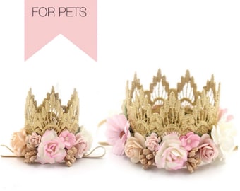 Dog Birthday Flower Crown | Floral Birthday Tiara for Cats & Pets | Gold + Pink + Peach