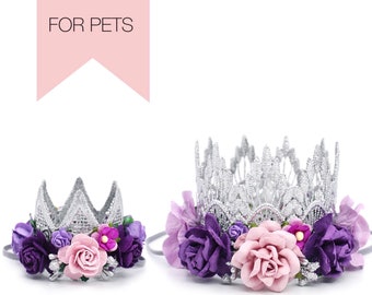 Couronne de fleurs d'anniversaire pour chien | Diadème d'anniversaire de chat | Cadeau pour amoureux des animaux de compagnie | Chapeau de fête Gotcha Day | accessoire de photographie | argent + violet