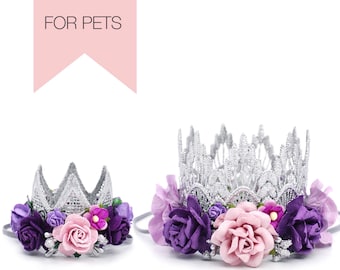 Dog Birthday Flower Crown | Cat Birthday Tiara | Silver Purple Floral Pet Crown