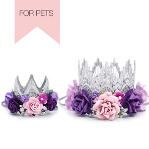 Dog Birthday Flower Crown | Cat Birthday Tiara | Pet Lover Gift | Gotcha Day Party Hat | photography prop | silver + purple