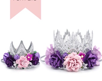 犬の誕生日用フラワー冠｜猫の誕生日用ティアラ｜シルバーとパープルの花柄ペット冠