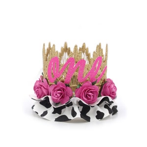 My 1st Rodeo Western Barnyard Cow Print  first birthday Sienna lace crown headband with roses + ruffles || customize ANY age