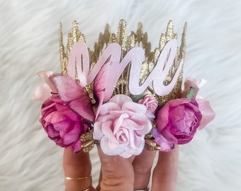 Fairy First Birthday Crown – Pink Floral Butterfly Lace Tiara