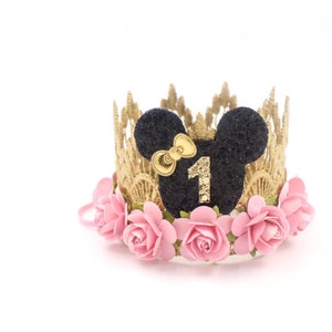 1st Birthday Mouse Ears lace flower crown | First Birthday Party Hat | gold + black + pink | customize ANY AGE | Sienna Mini