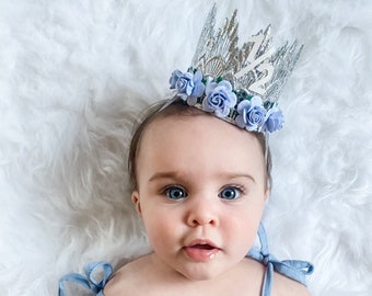 h a l f birthday Sienna MINI flower crown ||  silver lace crown headband with baby blue flowers || customize in ANY age