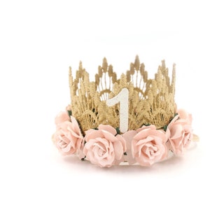 First Birthday crown MINI Sienna gold baby pink flowers lace crown headband photo prop customize ANY age image 1