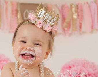 First 1st Birthday crown cursive ONE || mini Sienna gold baby pink flowers lace crown headband || customize ANY age