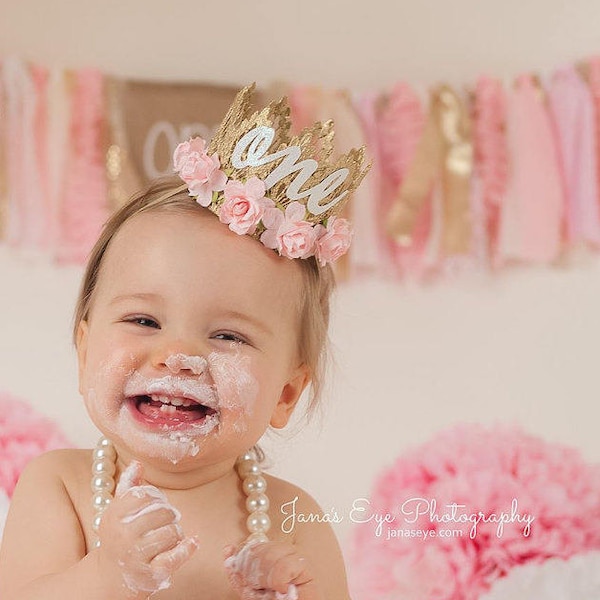 Couronne de premier anniversaire | Couronne 1er anniversaire | Tenue pour fille pour le 1er anniversaire | Tenue premier anniversaire fille | or + rose layette | Sienne MINI