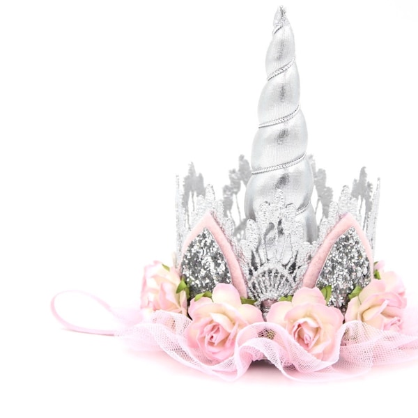 Unicorn flower lace crown headband | unicorn birthday party |  fits babies + children + adults | silver + pink |  Unicrown