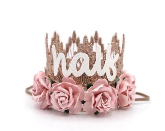 Half birthday crown | 1/2 birthday flower MINI Sienna lace crown |  rose gold + dusty pink flowers lace crown | customize ANY age