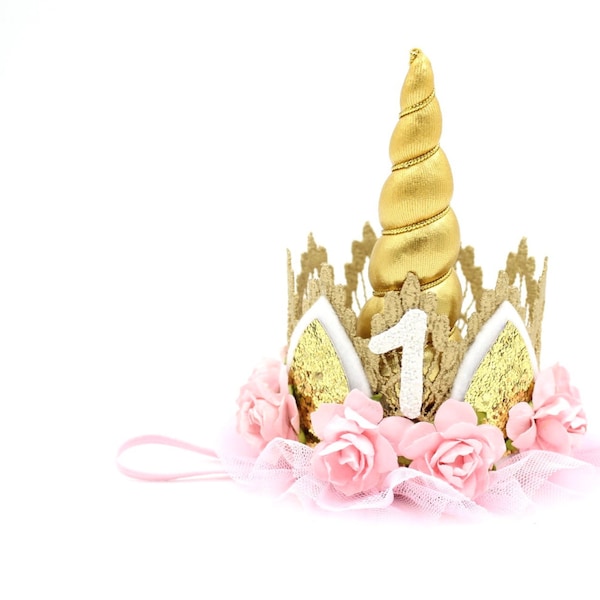 Unicorn first birthday crown | 1st birthday party hat | 1st birthday outfit | Gift for her | gold + pink | Unicrown