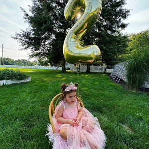 May include: A young girl wearing a pink tulle dress with gold glitter sits in a wicker chair with a large gold number 2 balloon floating above her head.