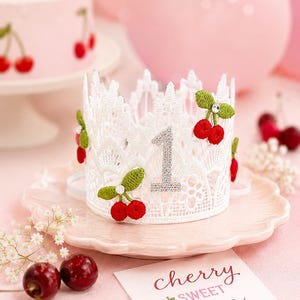 Cherry First Birthday Crown, Baby Girl Cake Smash Hat, Pink One Birthday Tiara image 6