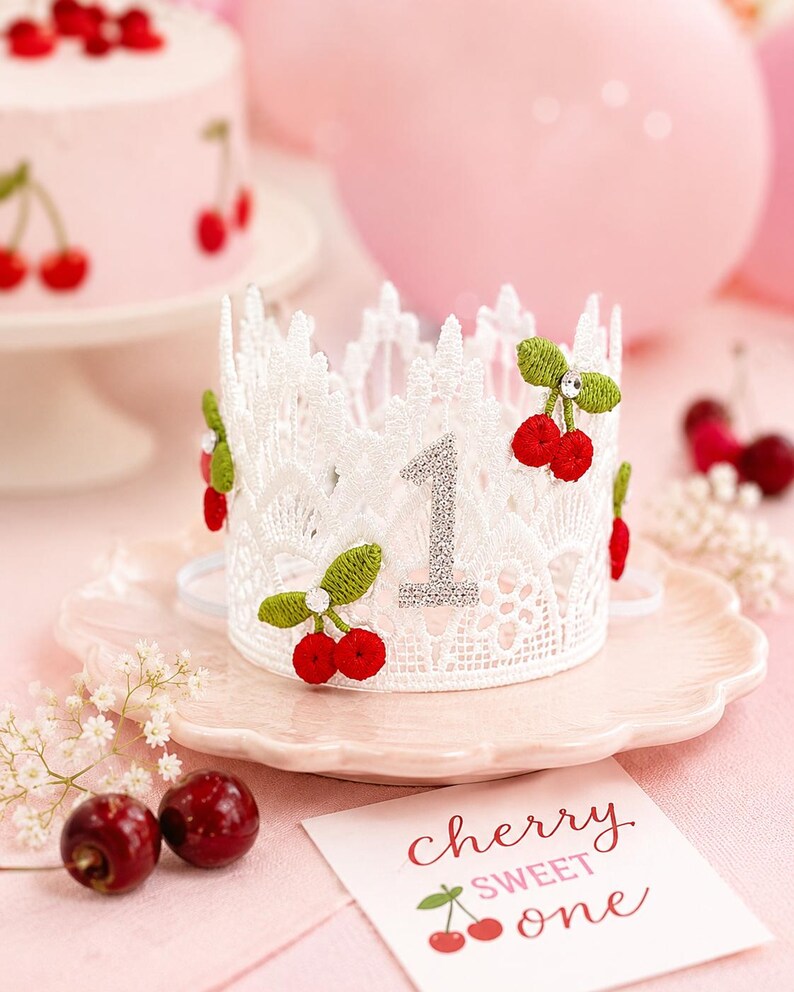 Cherry First Birthday Crown, Baby Girl Cake Smash Hat, Pink One Birthday Tiara image 6