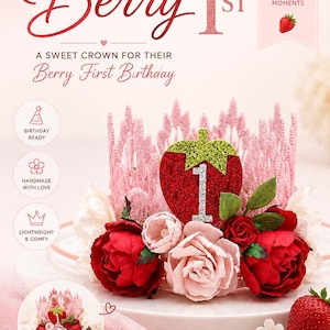 Berry First Birthday Crown listing graphic featuring pink lace tiara with strawberry centerpiece, blush roses, rhinestone number one, and berry sweet cake smash birthday styling for first birthday parties and milestone photos.