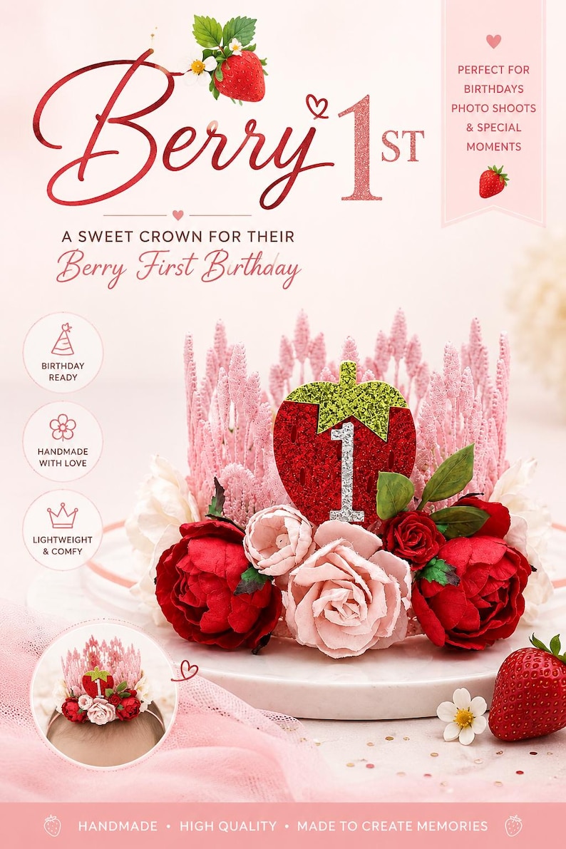 Berry First Birthday Crown listing graphic featuring pink lace tiara with strawberry centerpiece, blush roses, rhinestone number one, and berry sweet cake smash birthday styling for first birthday parties and milestone photos.