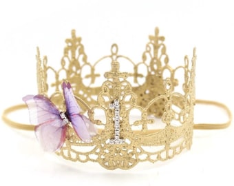 first birthday butterfly lace crown | 1st birthday party hat | fairy first | gold + purple | Chantilly Mini