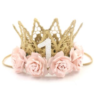 First Birthday Flower Crown | 1st birthday lace crown | baby girl birthday party gold + pink | Paxton