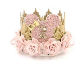 2nd Birthday Mouse Crown | Blush Pink & Gold Flower Tiara | Oh TWO-dles Party Hat | Custom ANY age