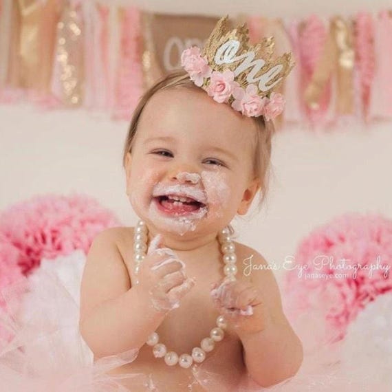First Birthday Crown, Gold Lace Baby Crown, 1st Birthday Tiara, Cake Smash Crown, Floral Mini Crown, Baby Girl Party Hat