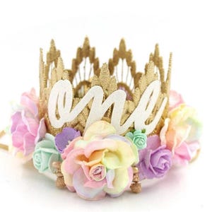 Baby Girl First Birthday Crown - Pastel Rainbow Unicorn Party Hat - Mini Sienna Boho Lace Crown - 1st Birthday Headpiece - Cake Smash Tiara