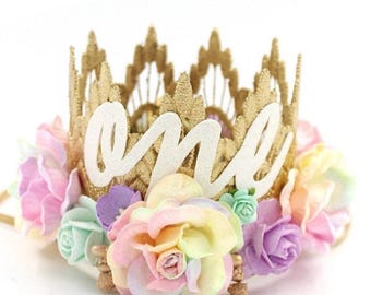 Baby Girl First Birthday Crown - Pastel Rainbow Unicorn Party Hat - Mini Sienna Boho Lace Crown - 1st Birthday Headpiece - Cake Smash Tiara