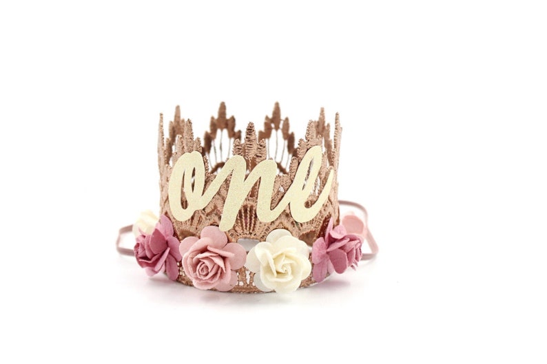 NEW first birthday lace crown cursive ONE mini Sienna rose gold lace crown with dusty pink, mauve, and ivory flowers customize ANY age image 1