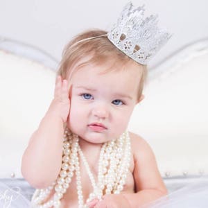 Gold Lace Crown Headband Girls Hair Accessory 1st Birthday Crown Baby Girl Lace Tiara Gift for Newborn Cake Topper Sienna MINI image 9