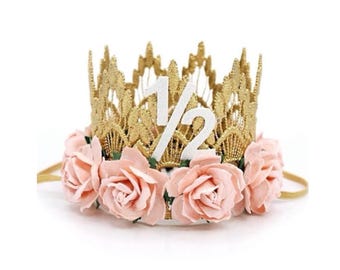 Half Birthday Flower Crown | Pink Floral Lace Tiara | 1/2 Birthday Photo Prop