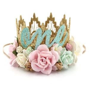 First Birthday Crown | Boho Baby Girl Birthday Headband | Gold Lace Crown Pink Mint White Flowers | Custom Age Princess Cake Smash