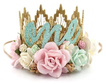 First Birthday Crown | Boho Baby Girl Birthday Headband | Gold Lace Crown Pink Mint White Flowers | Custom Age Princess Cake Smash