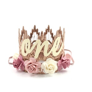 rose gold first birthday crown with mauve, dusty pink, blush, ivory roses. First Birthday Crown